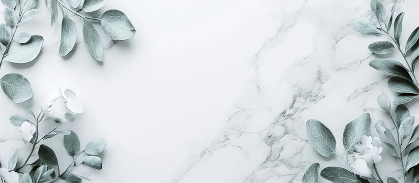 Frosted Leaves Framing A White Winter Border With Icy Crystals And Fronds In Pale Green Tones, Soft Texture