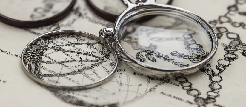 Antique silver lorgnette magnifying glass rests on a vintage map showing detailed lines and text in a close up shallow depth of field with soft natural lighting