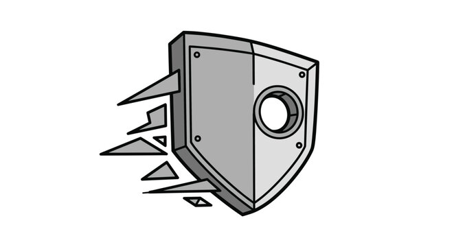 Silver metallic shield with a circular center hole and sharp stylized wing shapes representing protection and speed.