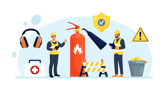 Workers in safety gear stand near a fire extinguisher. Fire safety regulations to prevent fire. OSHA concept. Government service protecting safety at job. Worker security protection policy