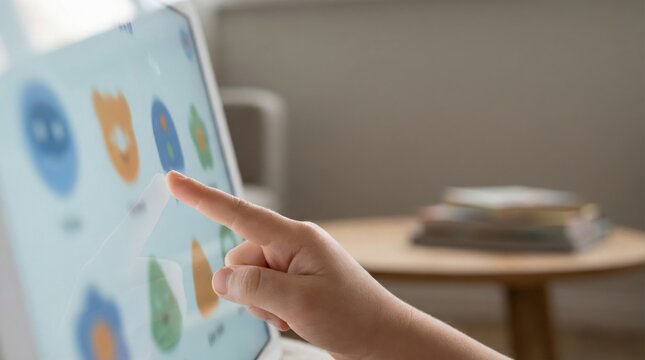 child touchscreen tv concept. Person using a touchscreen device with colorful app icons on display