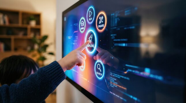 child touchscreen tv concept. Person interacting with futuristic touchscreen interface displaying digital icons.
