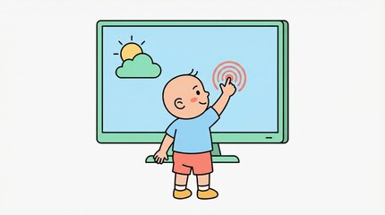 Naklejka premium child touchscreen tv concept. Toddler interacting with a touchscreen displaying a sunny sky and cloud graphic.