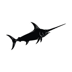 Black silhouette of a sailfish swimming to the right white background © Tanzina_Rahman