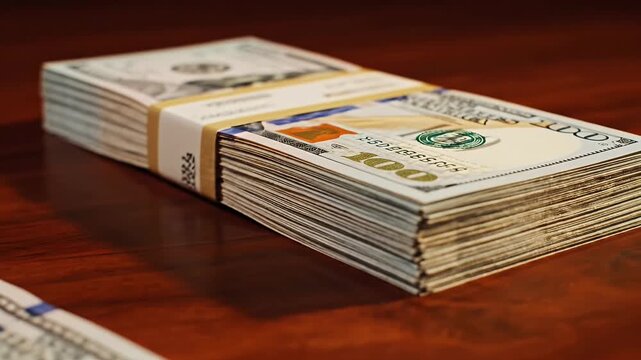 Pack of 100 Dollar Bills Stacked On A Shiny Wooden Table