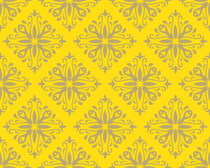 Fototapeta premium A sophisticated seamless vector pattern featuring diamond-arranged damask medallions. Each ornamental unit displays symmetrical floral-inspired scrolls and classic flourishes. 