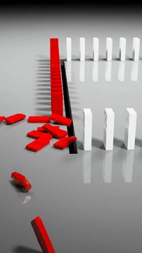 Red Dominoes Falling Chain Reaction White Dominoes Grey Background