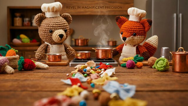 An adorable crochet bear and a charming crochet fox, both wearing chef hats and aprons, diligently cook delicious miniature food on a tiny stove, surrounded by an assortment of handcrafted vegetables