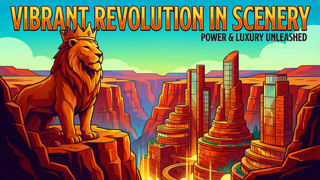 A majestic crowned lion, symbolizing power and leadership, proudly overlooks an extraordinary, vibrant, futuristic city. This unique architectural marvel is seamlessly integrated into a breathtaking