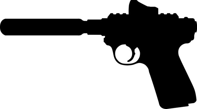 Black Silhouette Vector of a Ruger Mark IV Tactical Handgun with Suppressor