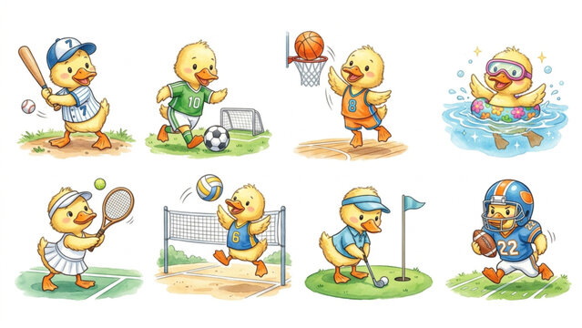  Set of funny cartoon cute Duck animals in playful sports vector style featuring smiling characters for kids toy illustration collection