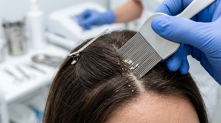 Fototapeta premium Close-up view of a scalp treatment in a clinic, showing a gloved hand using a comb tool on dark brown hair, captured from an angle that emphasizes the sterile white room and precise scraping action