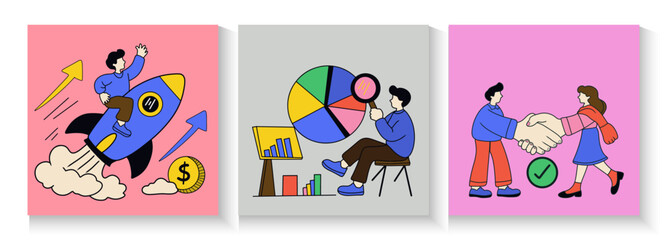 Fototapeta premium Set of business communication scenes flat illustrations, Human resources concept of employment, career, teamwork, job interview, improvement of business skills, management.