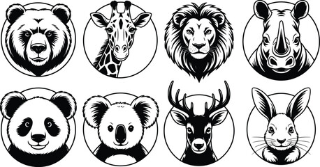 Wild animal faces vector set bear giraffe lion rhino panda koala deer rabbit black white line art illustration collection © Shuvo Creative