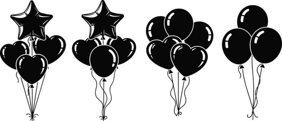 Professional vector collection featuring black silhouettes of party balloons in various shapes including hearts stars and round circles for celebration birthday and holiday design. © MstAshida