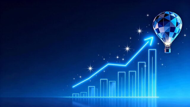 Blue glowing growth chart with hot air balloon