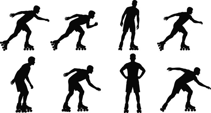 Young active man rollerblading inline skating set black silhouettes collection isolated on white background for outdoor sports lifestyle fitness graphic design projects assets