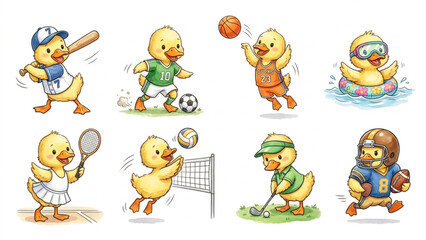 Naklejka premium Set of funny cartoon cute Duck animals in playful sports vector style featuring smiling characters for kids toy illustration collection