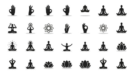 Fototapeta premium Yoga poses silhouettes set isolated on white background for wellness design