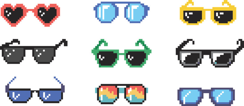 Pixel art sunglasses set, retro eyewear icons colorful shades 8bit game style vector illustration design
