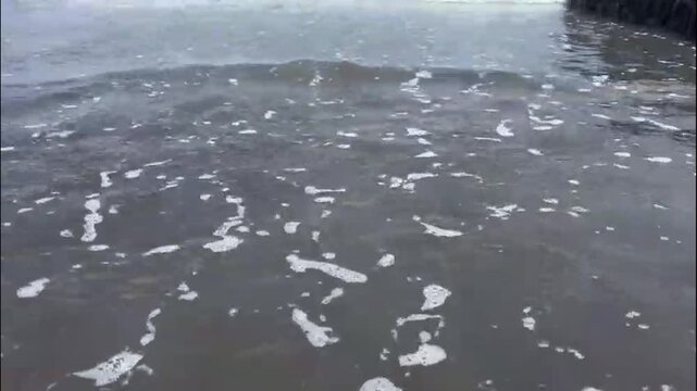 Serene overcast river scene captured in a low‑angle photograph of dark gray water with gentle ripples, white foam patches along a distant shoreline, conveying calm movement and quiet serenity