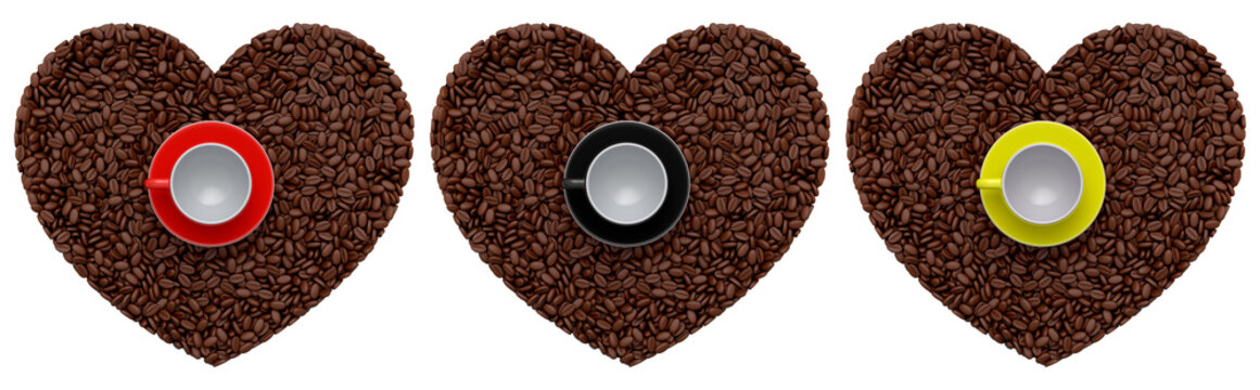 Set of colorful coffee cups on heart-shaped piles of coffee beans, isolated on white background. Concept of love for coffee and flavo
