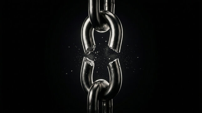 Broken metal chain link with fractured and shattered pieces on black background symbolizing freedom, strength, and resilience for business and motivational concepts.