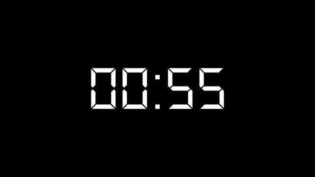 Digital Countdown Timer 60 to 0 Seconds with White LED Segment Numbers on Black Background