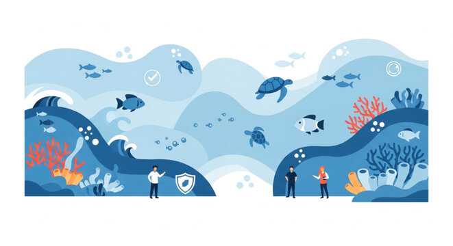 Illustration of people standing on an underwater scene with coral reefs, sea creatures, and wavy blue ocean layers