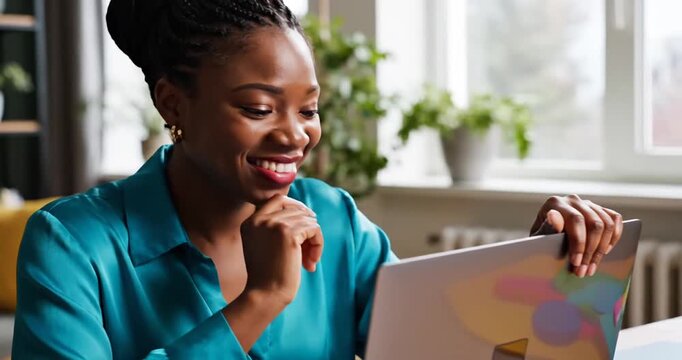 Woman with braided hair joyfully interacting with a laptop in a bright indoor setting