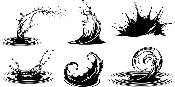 Set of black ink splashes and waves, dynamic liquid and abstract water droplet illustrations, ink splash, liquid wave, graphic elements, white background, paint splash, liquid art, graphic design