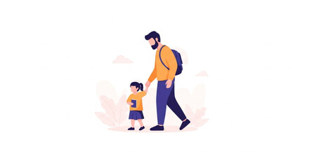 Fototapeta premium A man and a child walk hand in hand with a minimalist design on a white background
