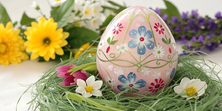 Hand-painted easter egg with flower motifs on nest with flower motif with still life