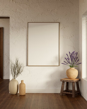 White frame over lavender vase on stool chair on wooden parquet floor in old white plaster wall room
