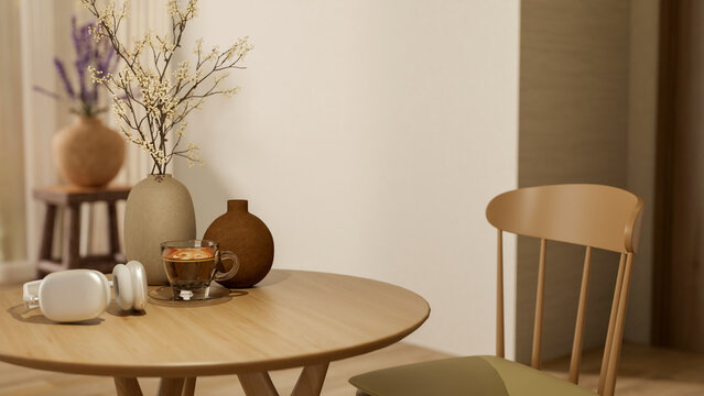 Headphones and coffee cup with flower vase on round wooden table with chair in a modern room or cafe