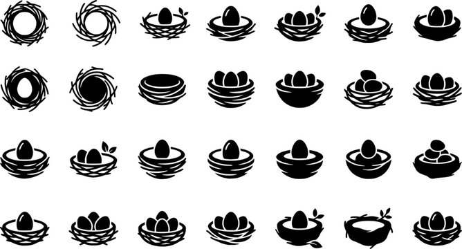 Minimal continuous spring nest art. Filled icon set of Minimal continuous spring nest art: one line nest with
