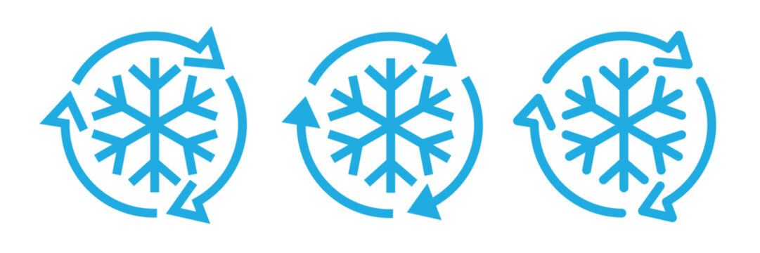 Defrost line icon set, label, logo, badge, sign, symbol, sticker, isolated vector illustration. Frozen food label product. Freezer control, auto cooling, conditioning, snowflake, rotation arrow icons.