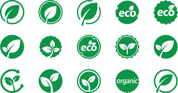 Eco Friendly Green Leaf Icon Set with Organic Bio Labels and Sustainable Nature Symbols
