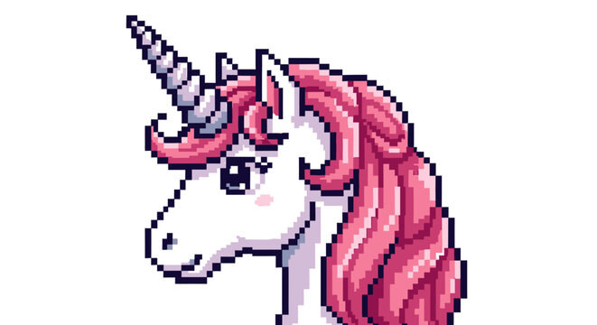 Pixel Art Unicorn Head with Pink Mane and Horn.