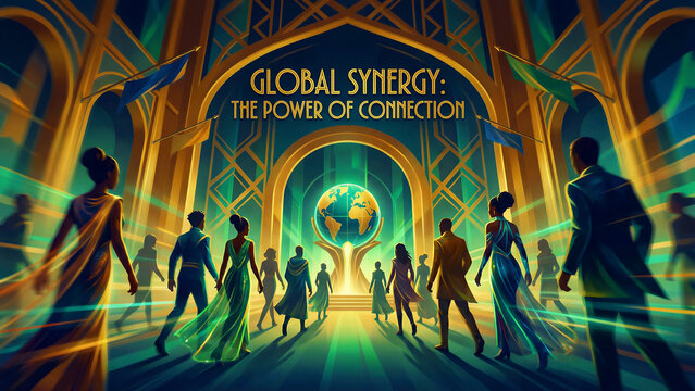 Diverse group of leaders moves forward toward a glowing globe emphasizing global synergy and the profound power of universal human connection
