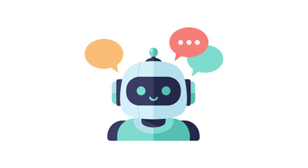 Obraz premium Friendly AI chatbot robot head with speech bubbles for communication, customer service, and artificial intelligence support concept.