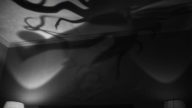 Monster Silhouette Casting Creepy Shadows on Bedroom Ceiling During Night in Halloween Atmosphere