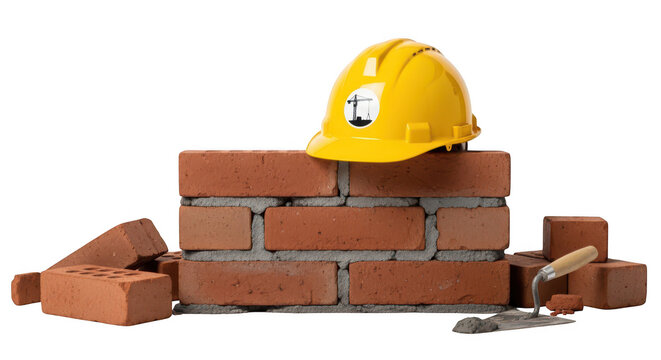 A yellow hard hat on a pile of bricks and construction tools