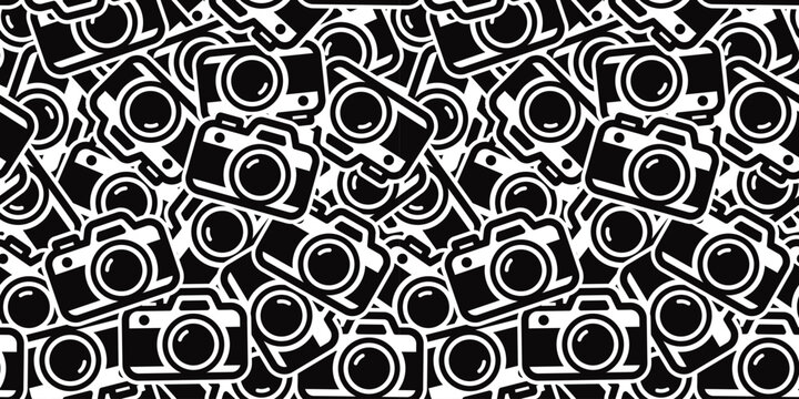 カメラのアイコンが敷き詰められたシームレスパターン｜モノトーン背景素材　Seamless Pattern Filled with Camera Icons
