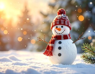 Fototapeta premium Charming snowman in a wintry landscape evoking joy and festive spirit of christmas