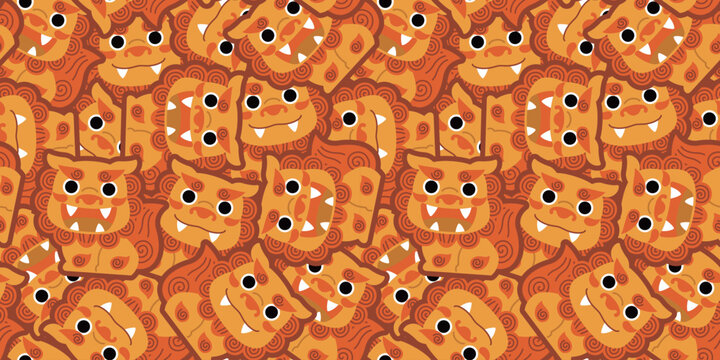 かわいいシーサーが敷き詰められたシームレスパターン｜沖縄モチーフの和風背景素材　Seamless Pattern Filled with Cute Shisa Characters
