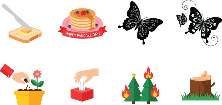 Vector icon set with pancake day dessert, decorative butterfly silhouettes, gardening plant pot, tissue box, burning forest trees, and tree stump
