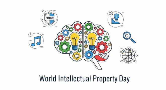 Vector graphic illustrating World Intellectual Property Day, highlighting the importance of original ideas, creative expression, and legal protection for innovation and development