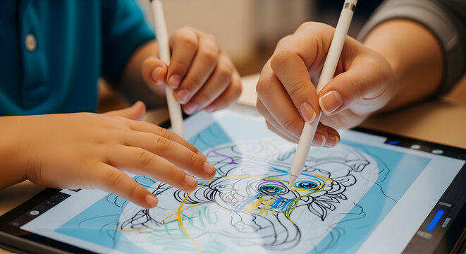 Hands of Adult and Child Collaborating on Digital Artwork with Stylus Pens on Tablet in Bright Creative Environment