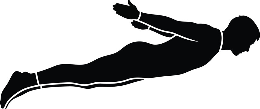 Silhouette Of A Man In Superman Pose Flying Or Skydiving Isolated On White Background